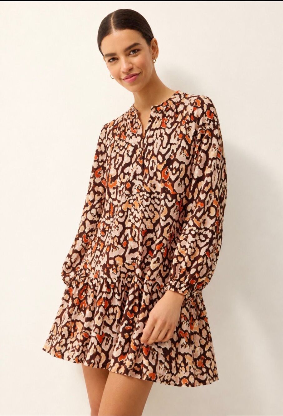 Marie Oliver Leopard Print Cotton Silk Long Sleeve Tiered Mini Dress, Size S $3